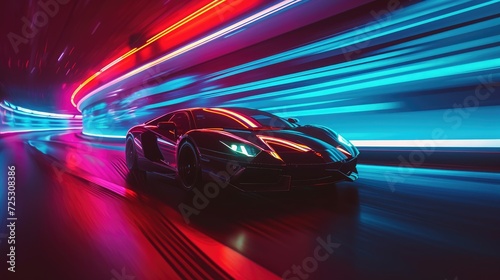 Witness a high-speed sports car racing on a neon-lit highway  Ai Generated.