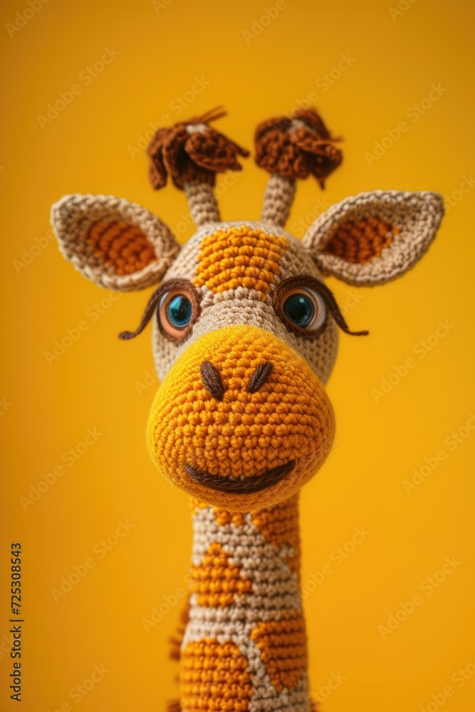 Fototapeta premium Crocheted giraffe toy vibrant backdrop, handcrafted and adorable, Ai Generated