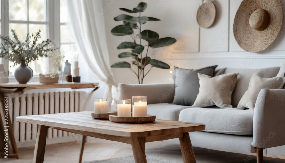 Contemporary Bohemian Living Space: Light Gray Sofa, Decorative Pillows, Wooden Table, and Natural Accents in a Cozy Apartment Living Room