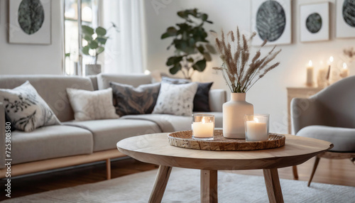 Contemporary Bohemian Living Space: Light Gray Sofa, Decorative Pillows, Wooden Table, and Natural Accents in a Cozy Apartment Living Room
