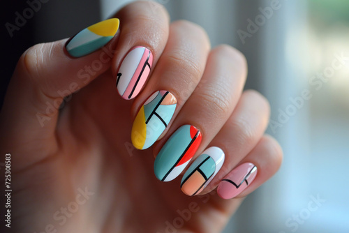Modern Art-Inspired Nail Design. Close-up of a hand with nails painted in an array of pastel colors and geometric patterns