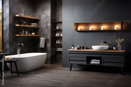 minimalist bathroom interior design in black  light gray and white with furniture