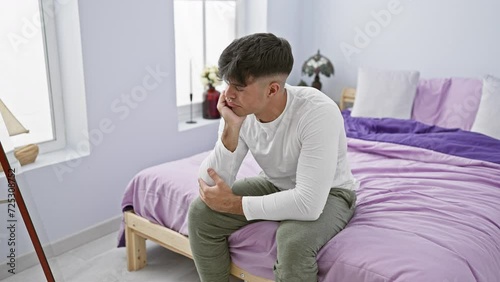 Depressed young hispanic man lies in bed, adorned in pyjamas, arms stubbornly crossed, oozing boredom. a picture of tiredness in his bedroom, hinting at a lifestyle of internal struggle. photo