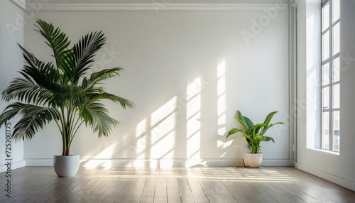 Mockup of a Contemporary Interior. Bright  Empty Space Featuring White Walls  Wooden Floors  and a Green Potted Plant. Sunlight Streaming In through the Window into the Unoccupied Room