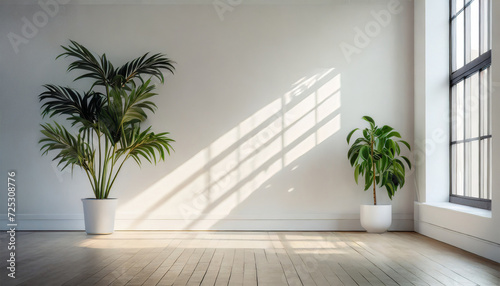 Mockup of a Contemporary Interior. Bright, Empty Space Featuring White Walls, Wooden Floors, and a Green Potted Plant. Sunlight Streaming In through the Window into the Unoccupied Room © Tatiana
