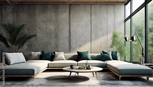 Contemporary Living Room Interior Design with a Background of Concrete Texture Wall