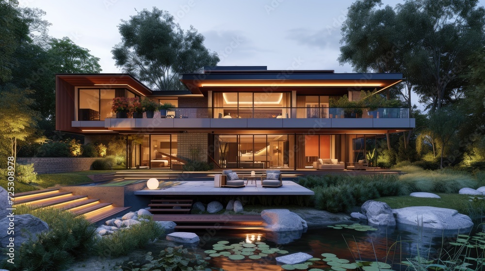 A 3D rendering of a modern beachfront house, a coastal dream come to life. Ai Generated A 3D rendering of a modern beachfront house, a coastal dream come to life. Ai Generated