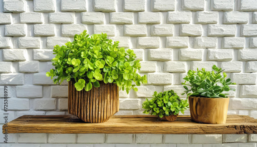 Contemporary White Brick Wall with Shelves and Potted Houseplant. Wooden Decorative Planter on the White Brick Wall