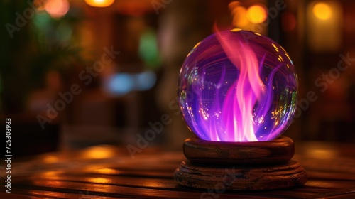 Witness the ethereal beauty of a glass ball  aglow with a mesmerizing purple flame  a symbol of enchantment. Ai Generated.