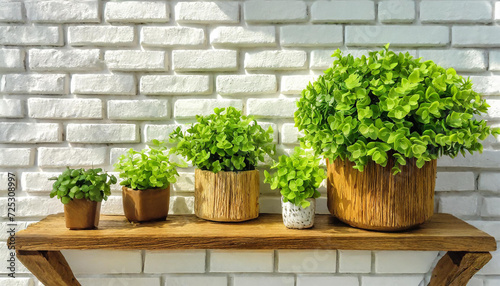 Contemporary White Brick Wall with Shelves and Potted Houseplant. Wooden Decorative Planter on the White Brick Wall