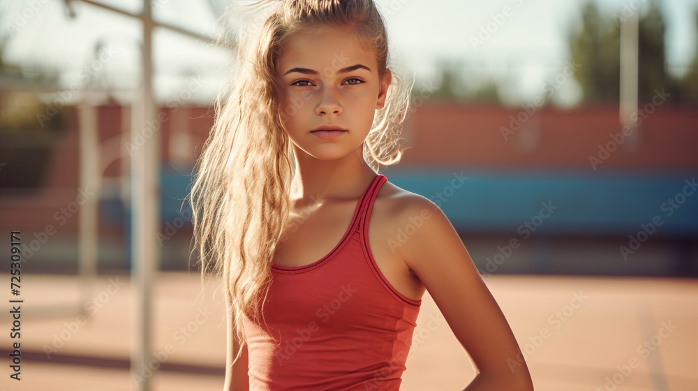 A beautiful young girl engaged in a sport activity, with ample copy space