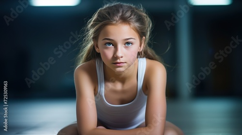 A beautiful young girl engaged in a sport activity, with ample copy space