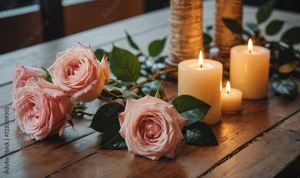 Obraz premium wooden table with roses and some candles, love concept, generative AI
