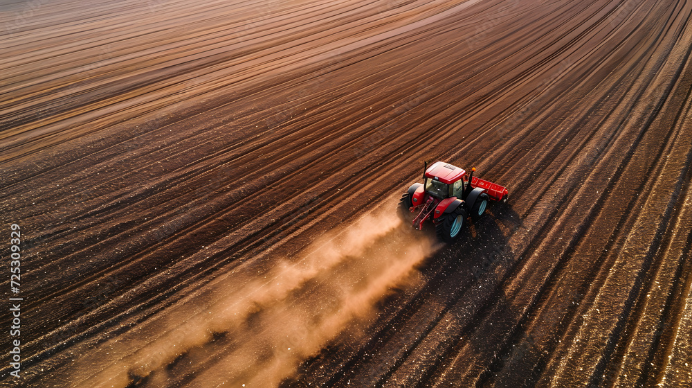 Farm tractor on the field, modern harvesting, plantation. planting. aerial view.