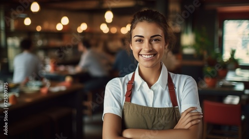 A portrait of a cheerful waitress serving customers in a vibrant restaurant environment
