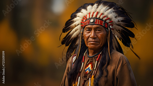 native american indian with feathers on his head with copy space