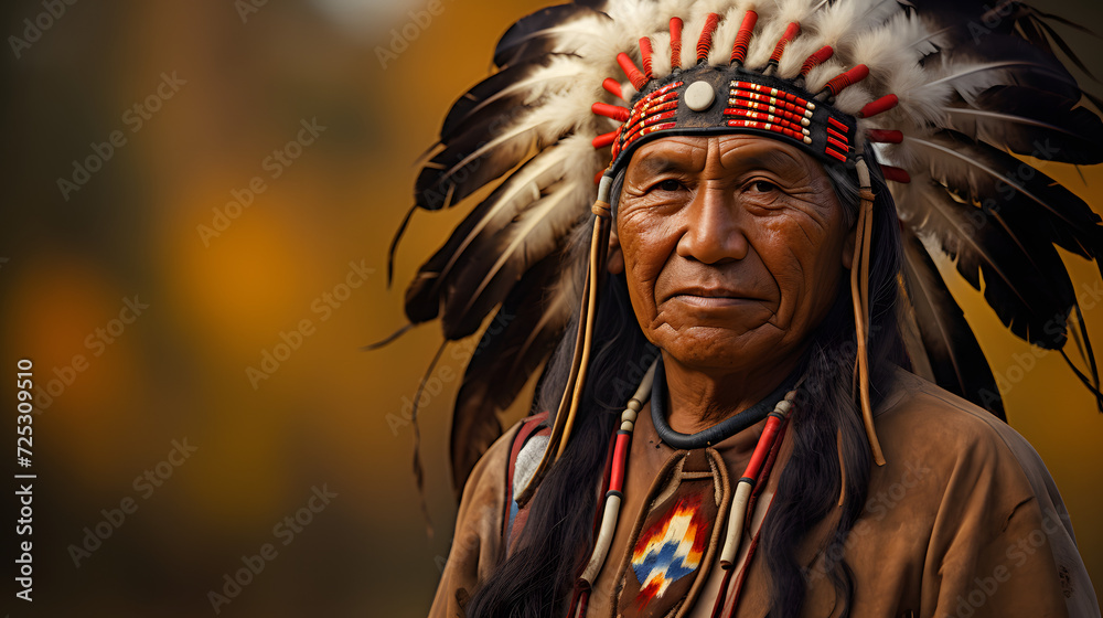 native american indian with feathers on his head with copy space