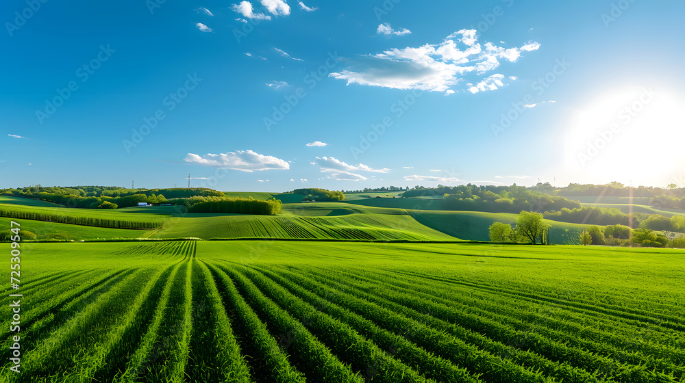 Naklejka premium Beautiful panoramic view of green meadows with blue sky, field.