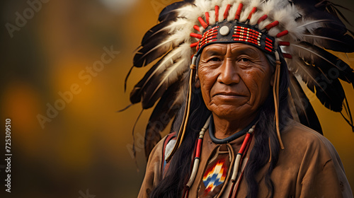 native american indian with feathers on his head with copy space