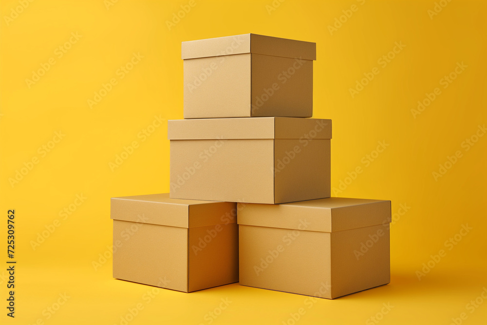Obraz premium Pile of various size taped up cardboard boxes isolated on yellow background.