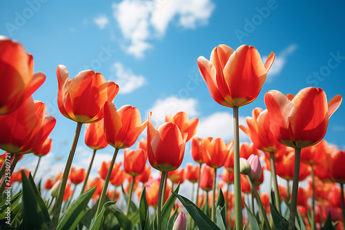 Spring tulip flowers blooming during early spring with blue sky in background