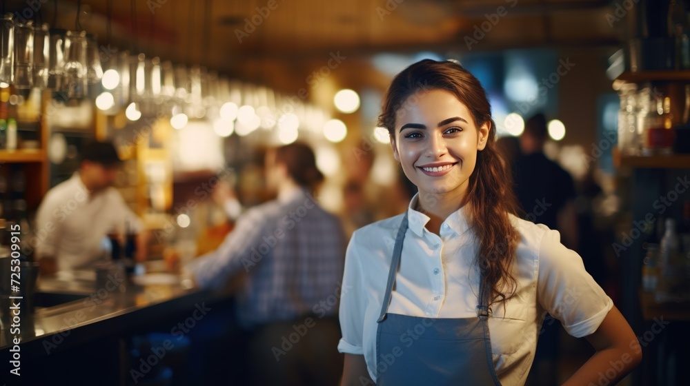 A Portrait showcasing the warmth and hospitality of a smiling waitress in the vibrant atmosphere of a busy restaurant