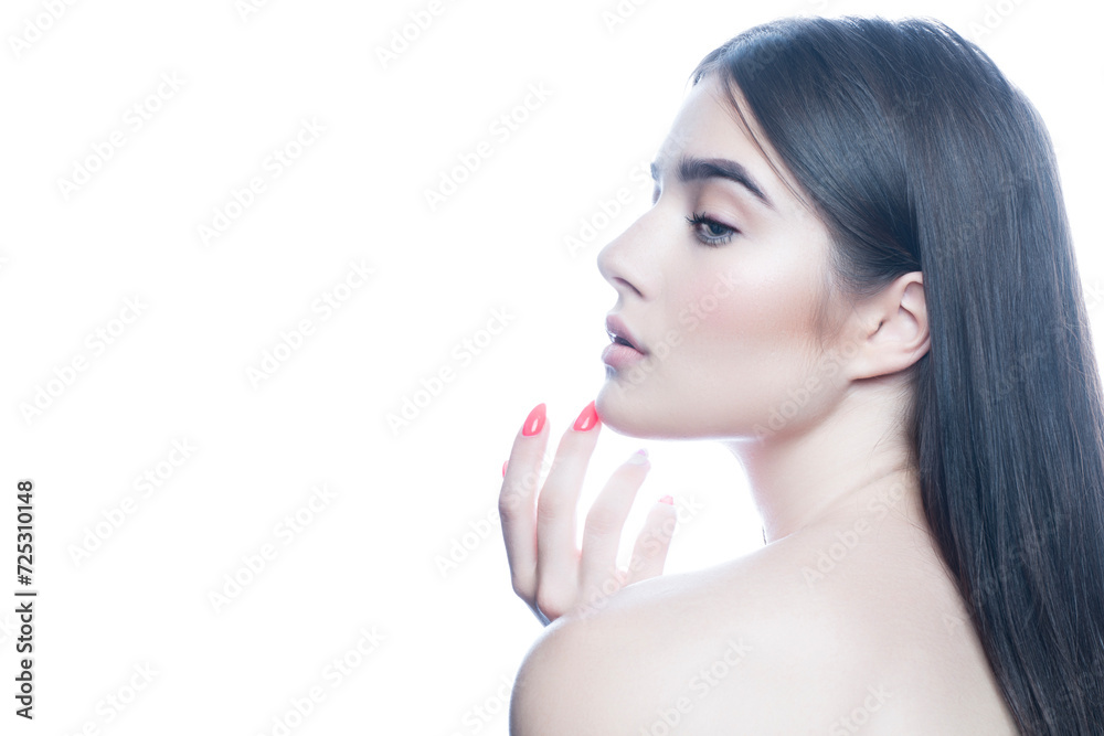 Obraz premium Beautiful Brunette Woman Portrait with healthy Hair.Clear Fresh Skin.Smiling Girl Isolated on a White Background.Skincare.Spa.Beauty Model
