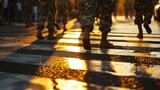Unrecognizable soldiers crossing a pedestrian crossing at sunset. Selective focus.