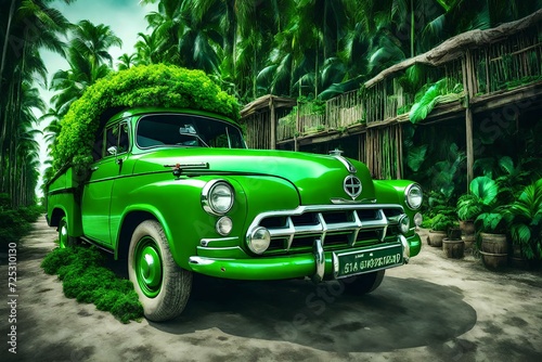 Car On The Road. Green Background. Green World Concept. Harmony in Motion: Green World Car on the Road. Generated AI. © HIRAN