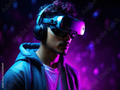 Young man wearing virtual reality goggles. Future technology concept. 3D Rendering © Obsidian