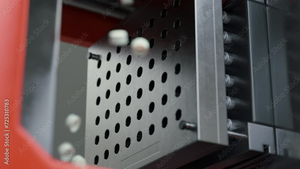 Automatic factory machine making lots of white plastic pellets. Automatic machinery producing the pellets from raw polymer material. Automatic machine manufacturing the pellets. Processing Equipment.
