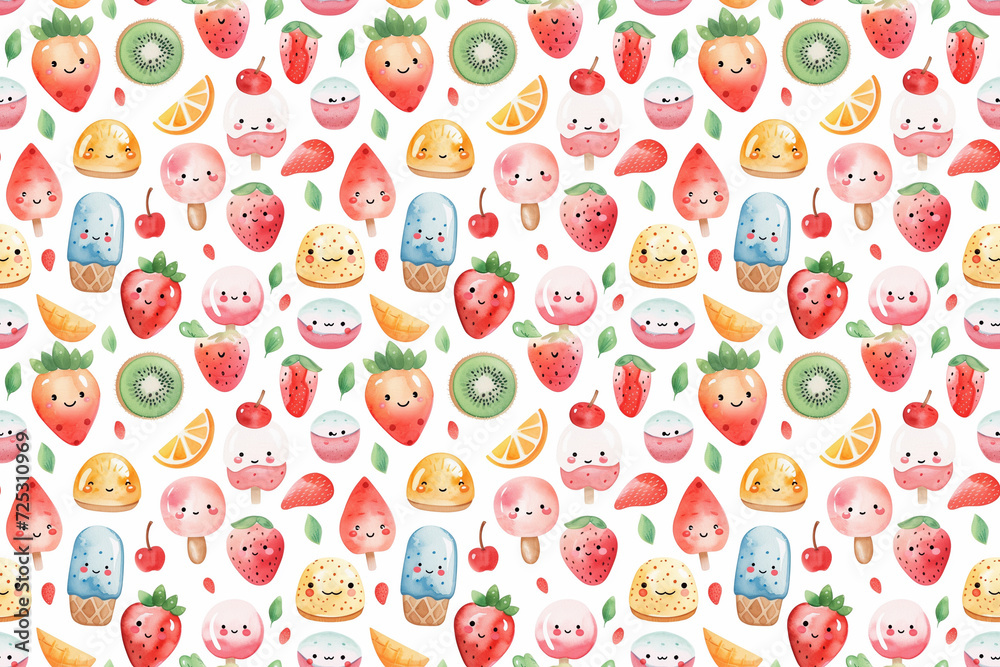 Fototapeta premium seamless pattern watercolor cute kawaii face fruit cartoon illustration happy summer theme, Generated Ai