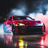 Drifting car on dark background with smoke. Supercar in motion. Sports car drifting in smoke. Generative AI