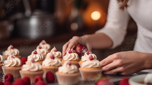  hands gently placing raspberries atop freshly frosted cupcakes