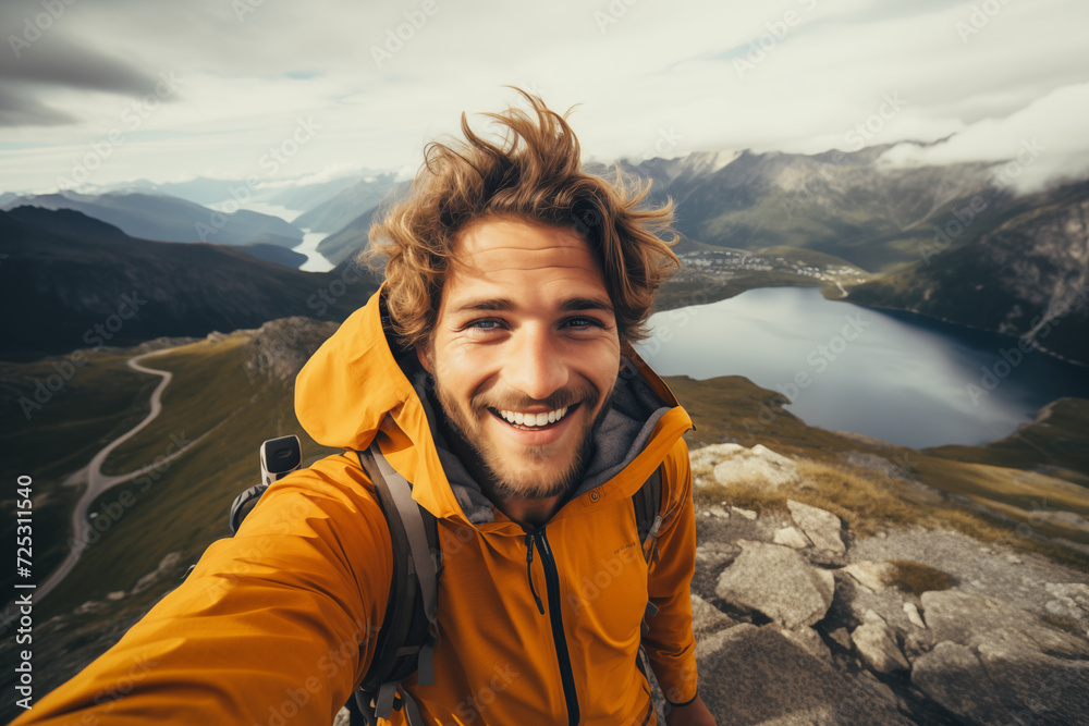 Young Hiker Capturing Selfie Atop Mountain