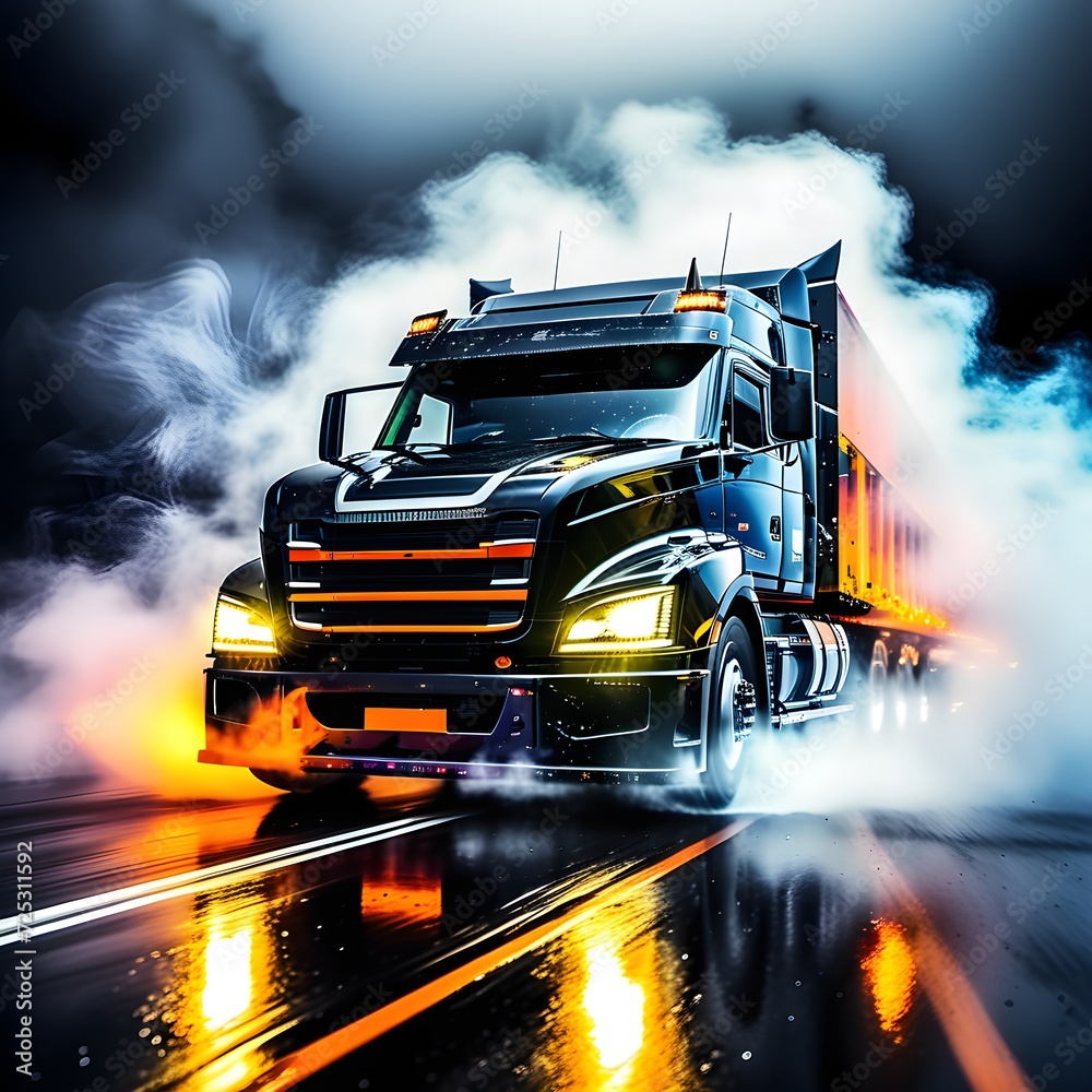 Drifting truck on dark background with smoke. Truck in motion. Truck in smoke. Generative AI
