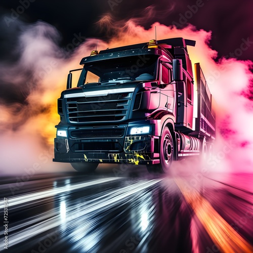 Drifting truck on dark background with smoke. Truck in motion. Truck in smoke. Generative AI
