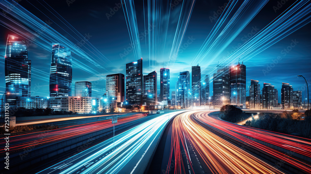 Dazzling Nighttime View of Light Trails on City Highway With Illuminated Skyscrapers