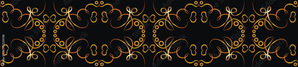 Graphic symmetrical fantasy ornament with swirls and hearts and bows. Golden gradient. Seamless illustration. Ornament for printing on fabric, applique, postcard on a black background Graphic symmetrical fantasy ornament with swirls and hearts and bows. Golden gradient. Seamless illustration. Ornament for printing on fabric, applique, postcard on a black background
