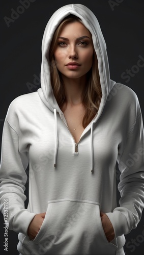 A handsome young womanin a white jacket and white jeans on a grey background. Mockup design, free space for logo