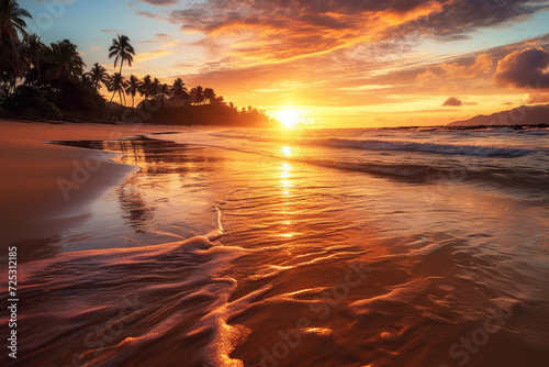 Sunset or sunrise at tropical sand beach with palm tree silhouettes and copyspace