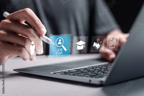 Job Fair concept. Person use laptop with virtual job fair icon for employee recruitment and onboarding program. occupational, applicants, recruit, and hiring. photo