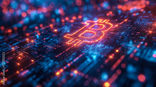 Illuminated Bitcoin Symbol on a Circuit Board Highlighting Cryptocurrency, Blockchain Technology and Digital Finance in a Futuristic Concept