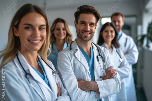 Smile, portrait and hospital doctors, people or surgeon team for healthcare, help services or medical collaboration. Medicine health professional, clinic group solidarity or staff nurses for medicare