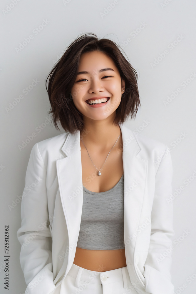 a confident young lady wearing white blazer smiling lively in isolated plain studio background a confident young lady wearing white blazer smiling lively in isolated plain studio background