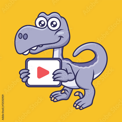 Vector cute dino velociraptor holding a play button cartoon character vector illustration