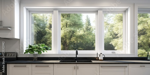Bright window in white house with spacious kitchen  white cabinets  and black counter.