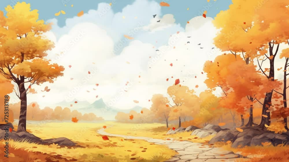 autumn landscape with trees and falling leaves Cartoon anime illustration. seamless looping overlay 4k virtual video animation background 