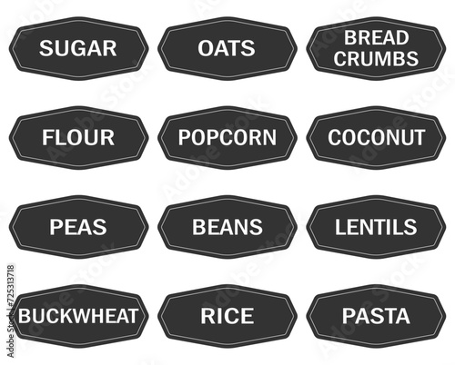 Stickers, labels for jars of cereals.Set of 12 vector stickers with the names of cereals in English.Flour,oatmeal,buckwheat,rice,peas,sugar, etc.
