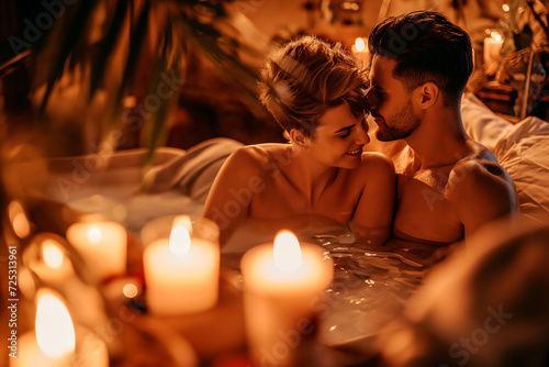 Happy young couple in love in hot tub  candle light  spa wellness lifestyle